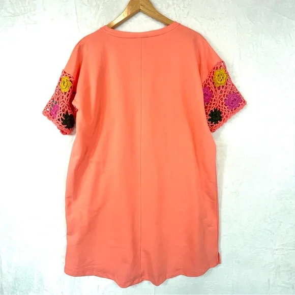 Umgee Floral Crochet Sleeve French Terry Shift Dress Coral Size Small - Picture 6 of 10